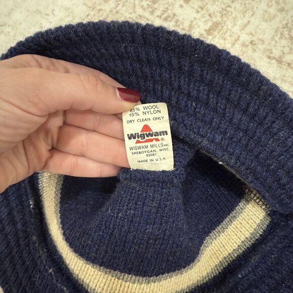 Wigwam Hat Bucket Fitted Mens Navy Cream Stripe Knit Wool Made in USA Winter - Picture 4 of 7